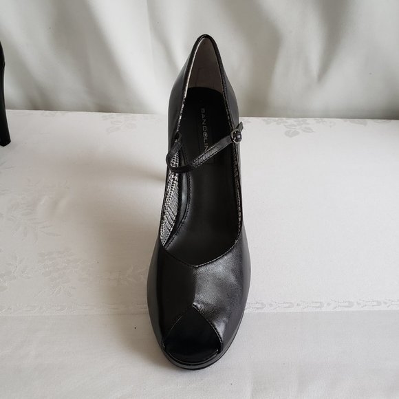 New BANDOLINO Black leather platform peep toe Mary Jane strap pumps Plaid lining - Picture 4 of 10